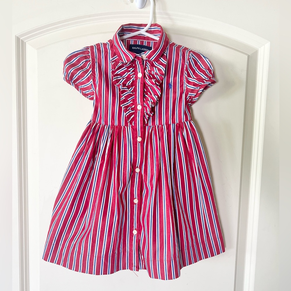Ralph Lauren 18M Baby Girl Striped Ruffle Dress & Bloomers Set Red White Blue